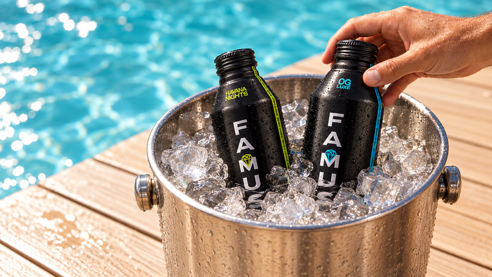 OG Luxe and Havana Nights bottles set in ice by the pool